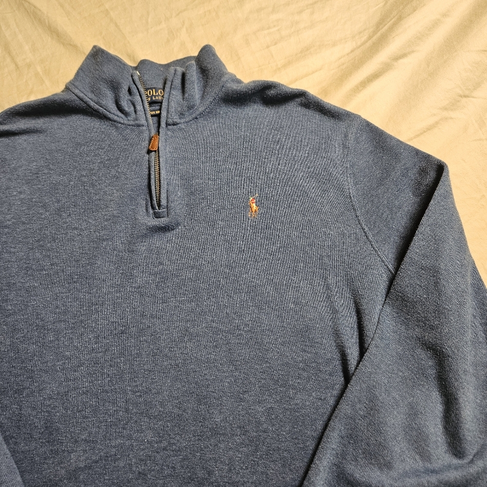 Polo Ralph Lauren Blue Sweater Mens L Estate Rib 1/4 Zip Pony Pull-over Classic